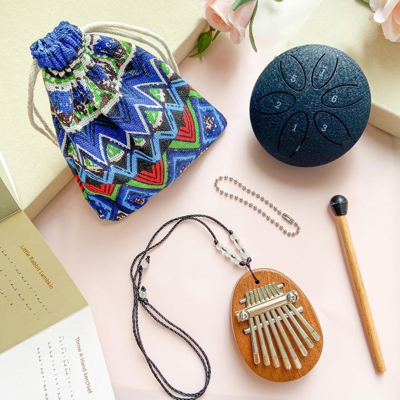 Jongdari Mini Rain Drum and Kalimba Thumb Piano, 2pcs Mini Musical Instruments 8 Key Exquisite Finger Thumb Piano and 3 Inch 6 Notes Metal Steel Tongue Drum for Adult Beginners (Dark Blue) - Image 2